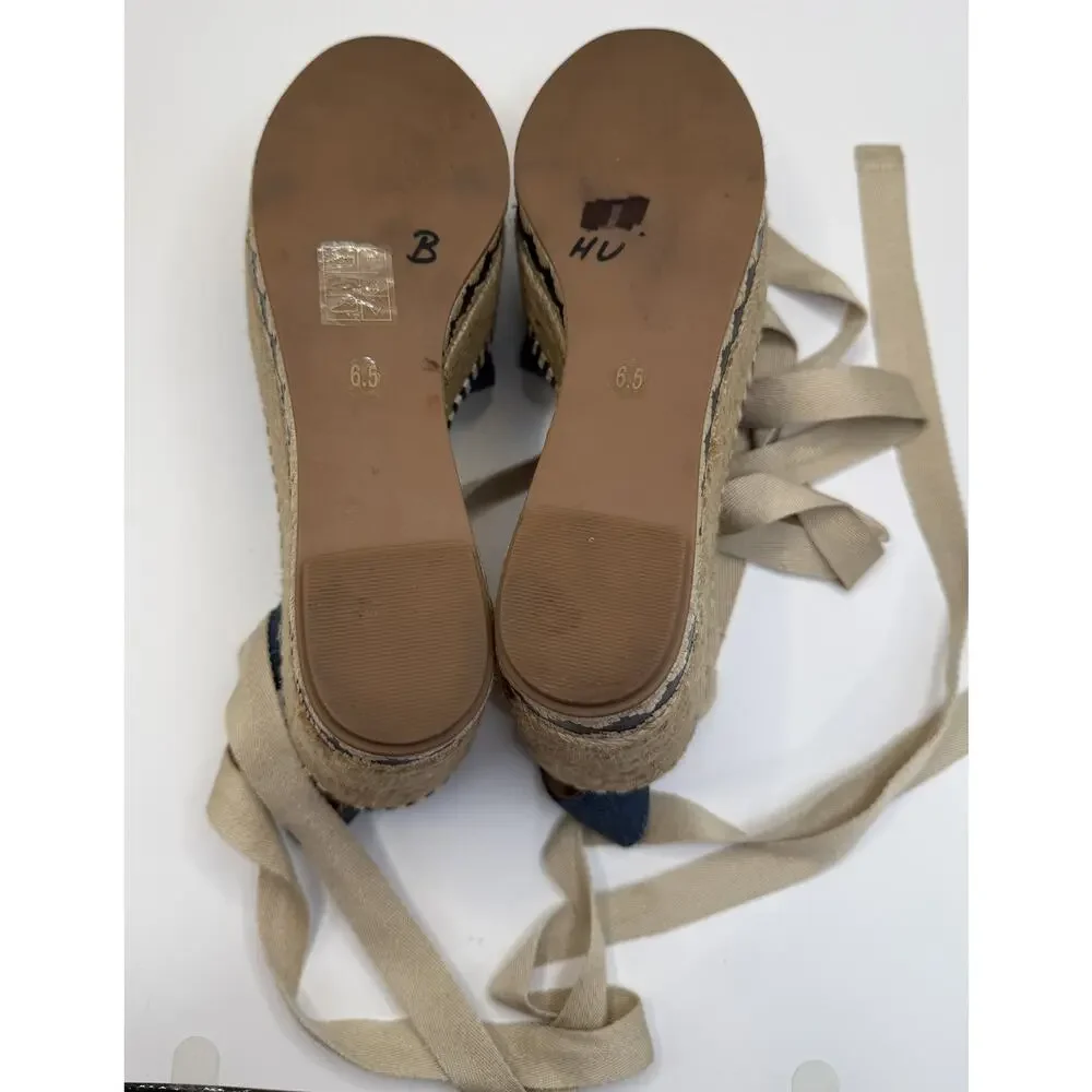 TORY BURCH DANDY Espadrille Platform SZ 6.5M Blue Jean Ankle Wrap Sandals - Picture 12 of 13